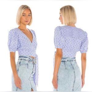 Tularosa Capri Polka Dot Puff Sleeve Wrap Crop Top, Size S